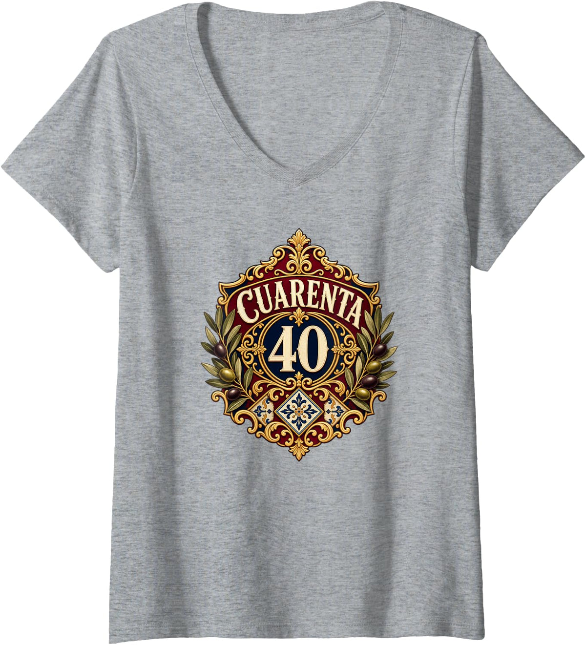 Women's Cuarenta 40 Spanish Olive Hispanic Birthday Celebration V-Neck T-Shirt - Heather Grey