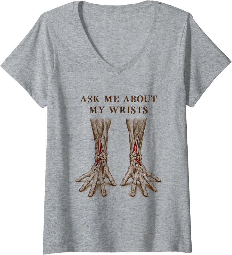 Women's Ask Me About My Wrists Funny Handstand Gymnast Calisthenics V-Neck T-Shirt - Heather Grey