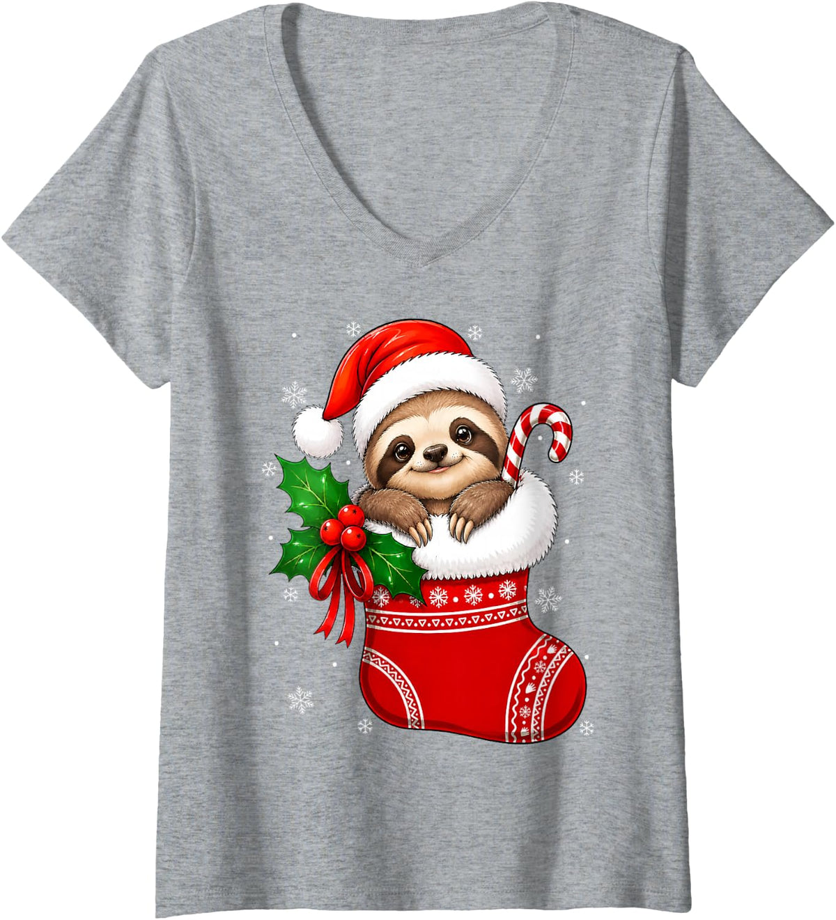 Women's Sloth Christmas Stocking Cute Festive Sloth Xmas V-Neck T-Shirt - Heather Grey