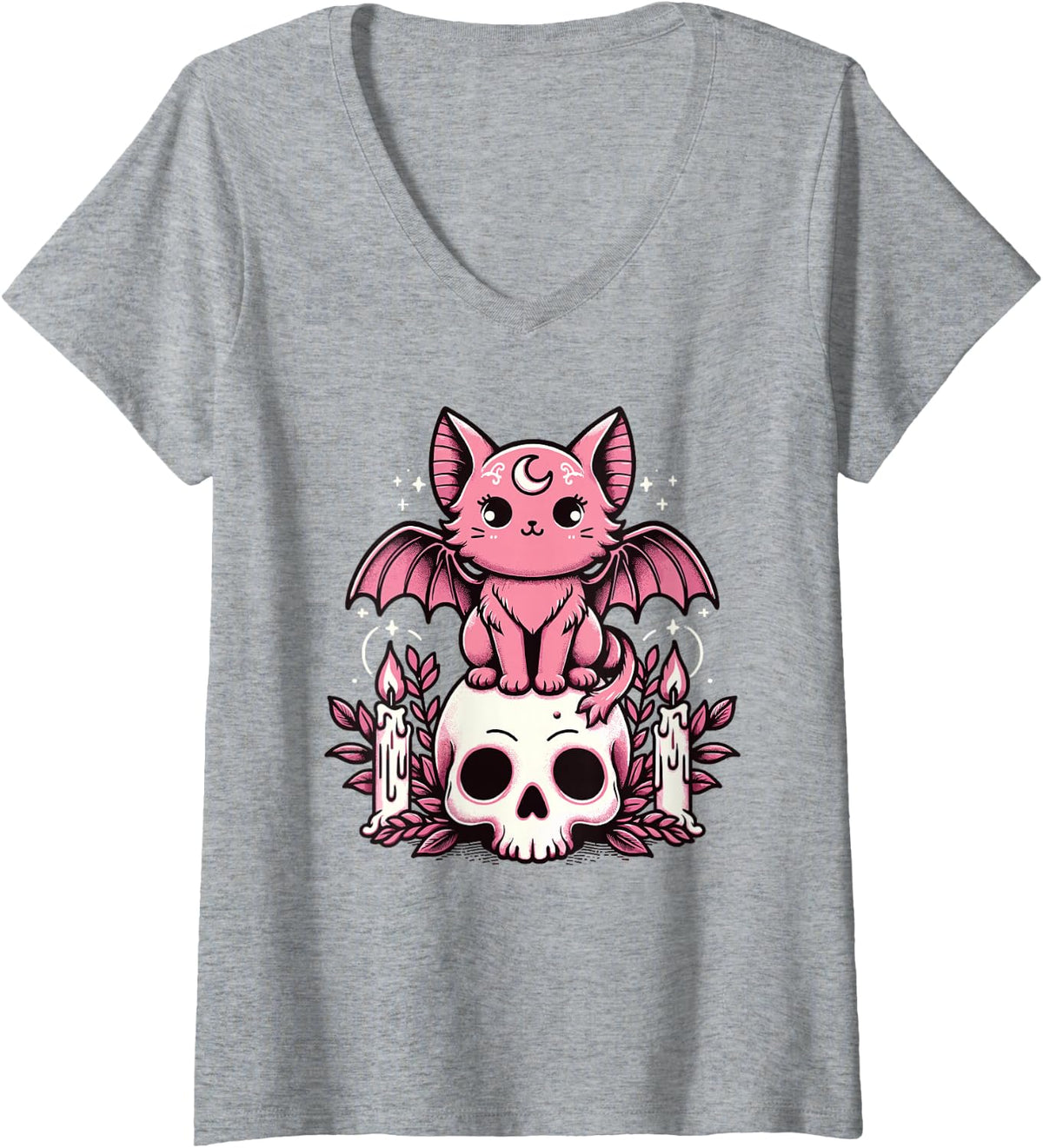 Womens Kawaii Pastel Goth Cute Creepy Cat Bat Skeleton V-Neck T-Shirt - Heather Grey