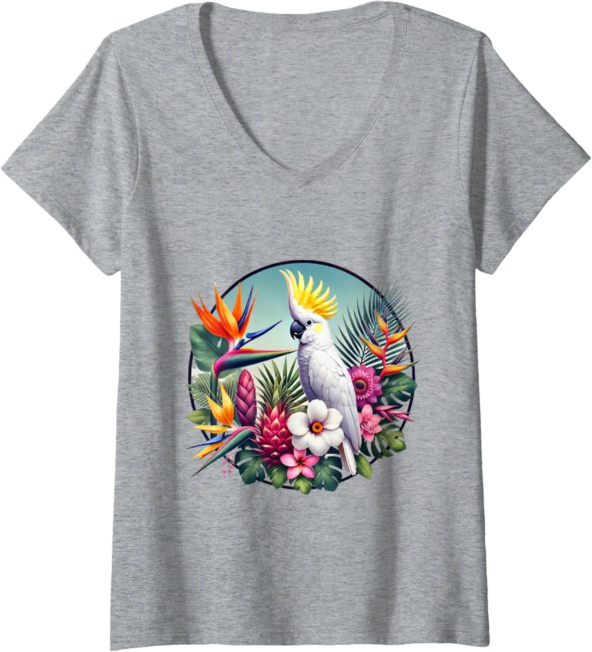 Women's Cockatoo Tropical Bird Flowers and Plants V-Neck T-Shirt - Heather Grey