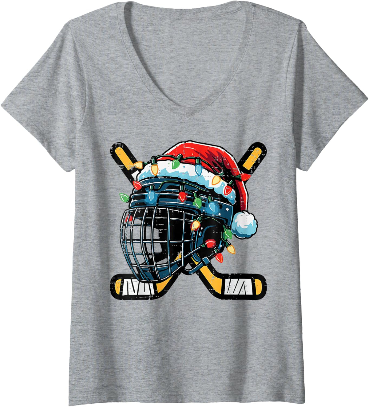 Women's Christmas Ice Hockey Helmet Santa Xmas Boys Ugly Sweaters V-Neck T-Shirt - Heather Grey
