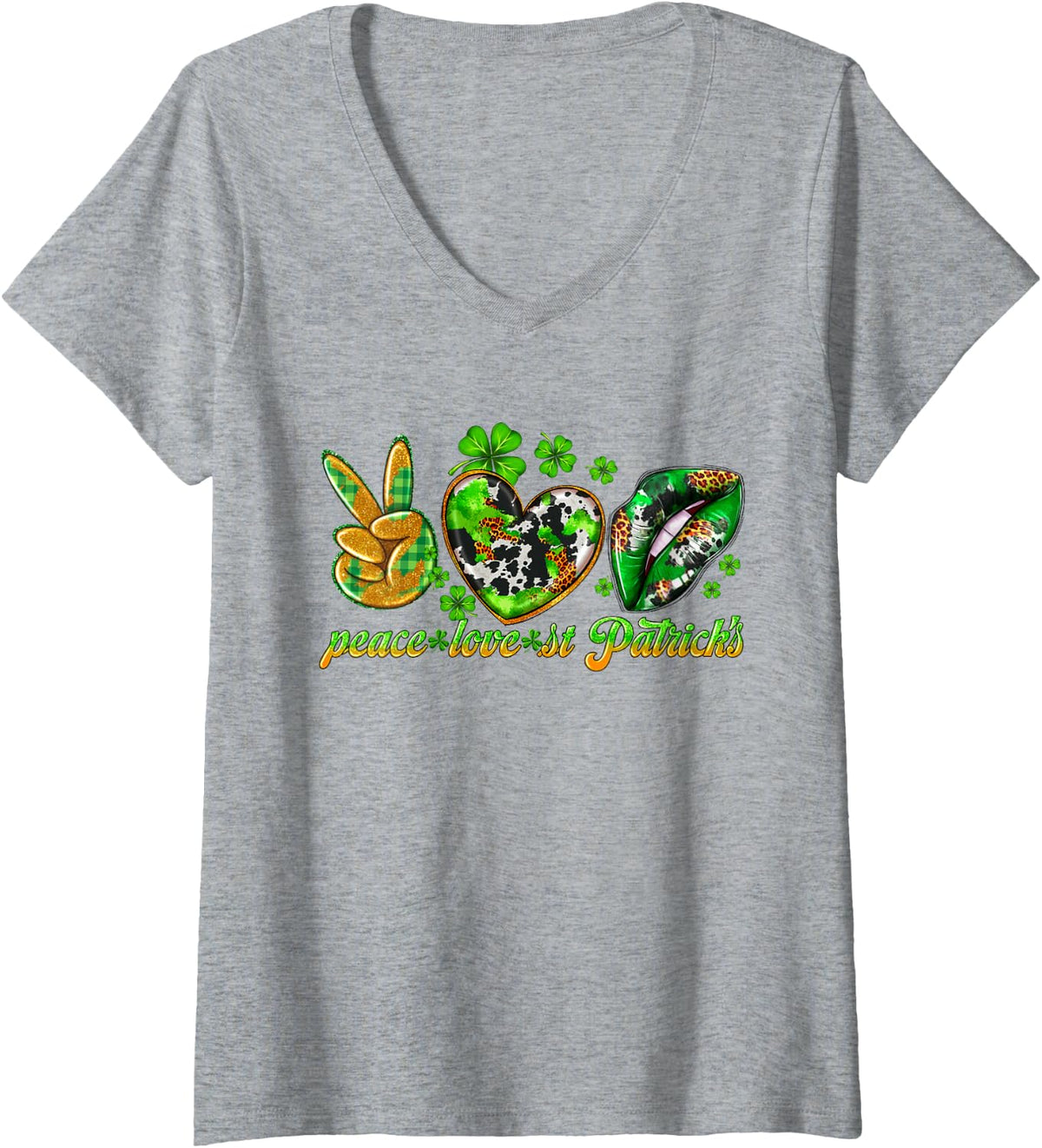 Women's Peace Love St Patricks Day Plaid Hearts Irish Leopard Lips V-Neck T-Shirt - Heather Grey