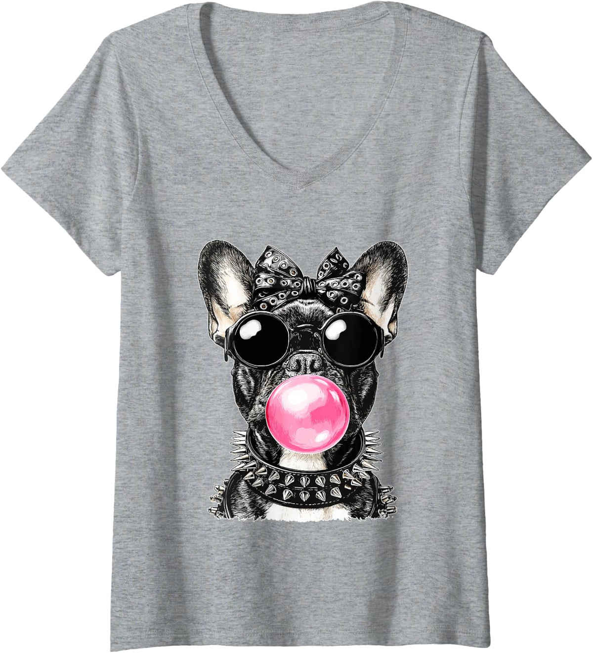 Women's French Bulldog with Sunglasses Punk Dog Bubblegum Gothic V-Neck T-Shirt - Heather Grey