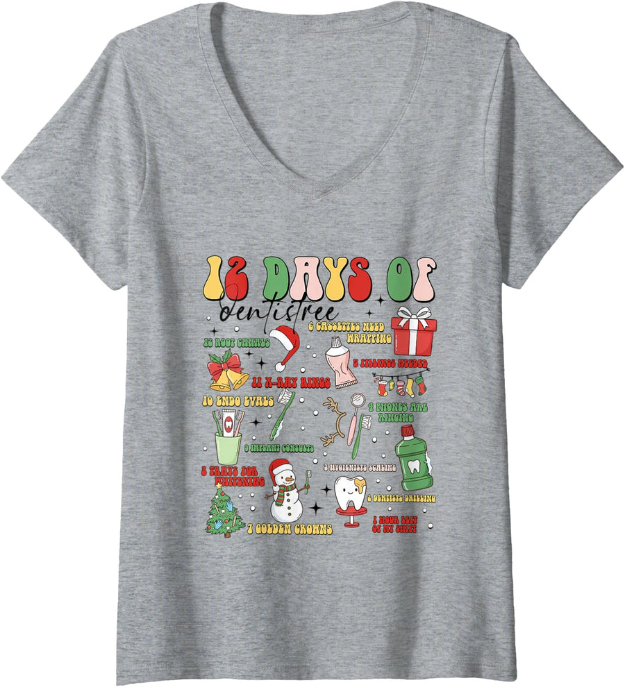 Women's Women 12 Days of Dentistry Christmas Dental Assistant V-Neck T-Shirt - Heather Grey