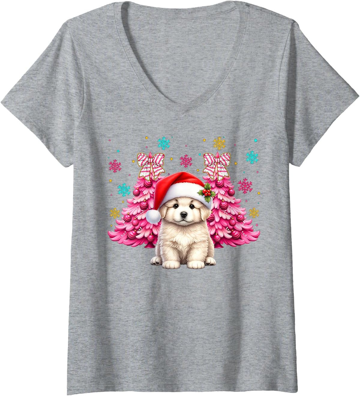 Women's Santa Hat Great Pyrenees Christmas Puppy Dog Xmas Boys Girls V-Neck T-Shirt - Heather Grey