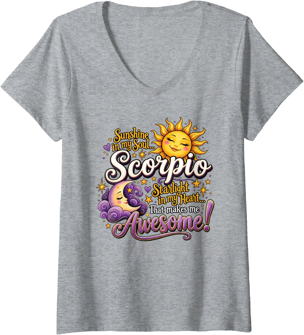 Women's Scorpio Zodiac Sign Celestial Sun Moon Astrology Birthday V-Neck T-Shirt - Heather Grey