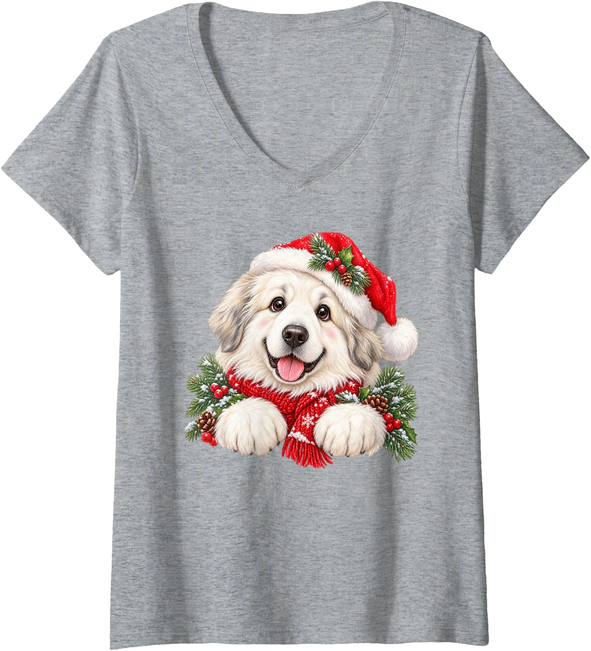 Women's Festive Great Pyrenees Puppy Christmas Dog V-Neck T-Shirt - Heather Grey