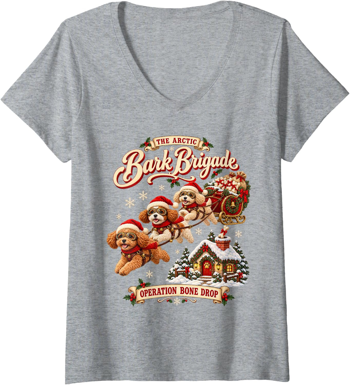 Women's Funny Cavapoo Xmas Sleigh Dog Family Christmas Retro Cavapoo V-Neck T-Shirt - Heather Grey