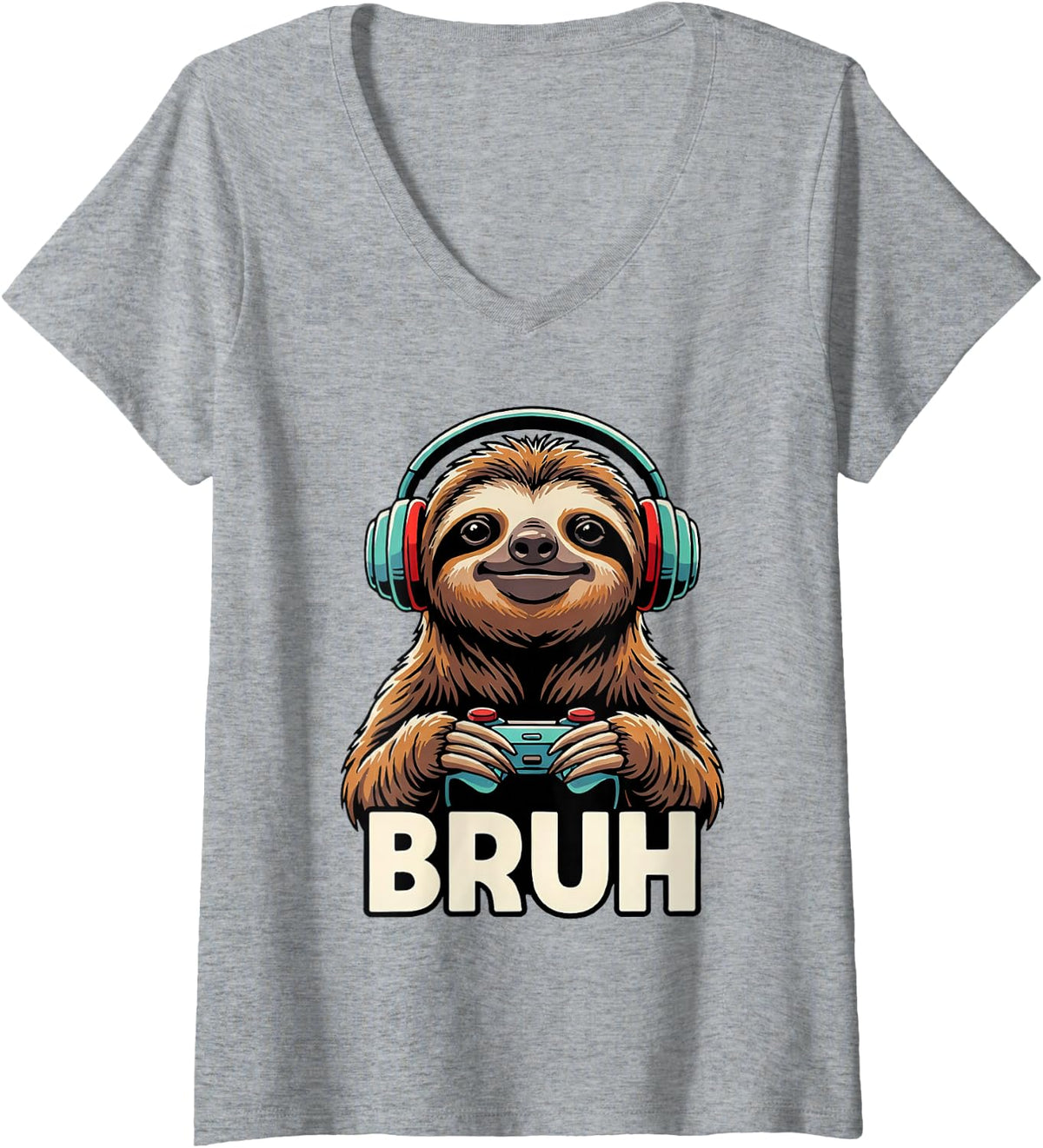Women's Funny Sloth Gamer Bruh Gaming Headphones Video Games V-Neck T-Shirt - Heather Grey