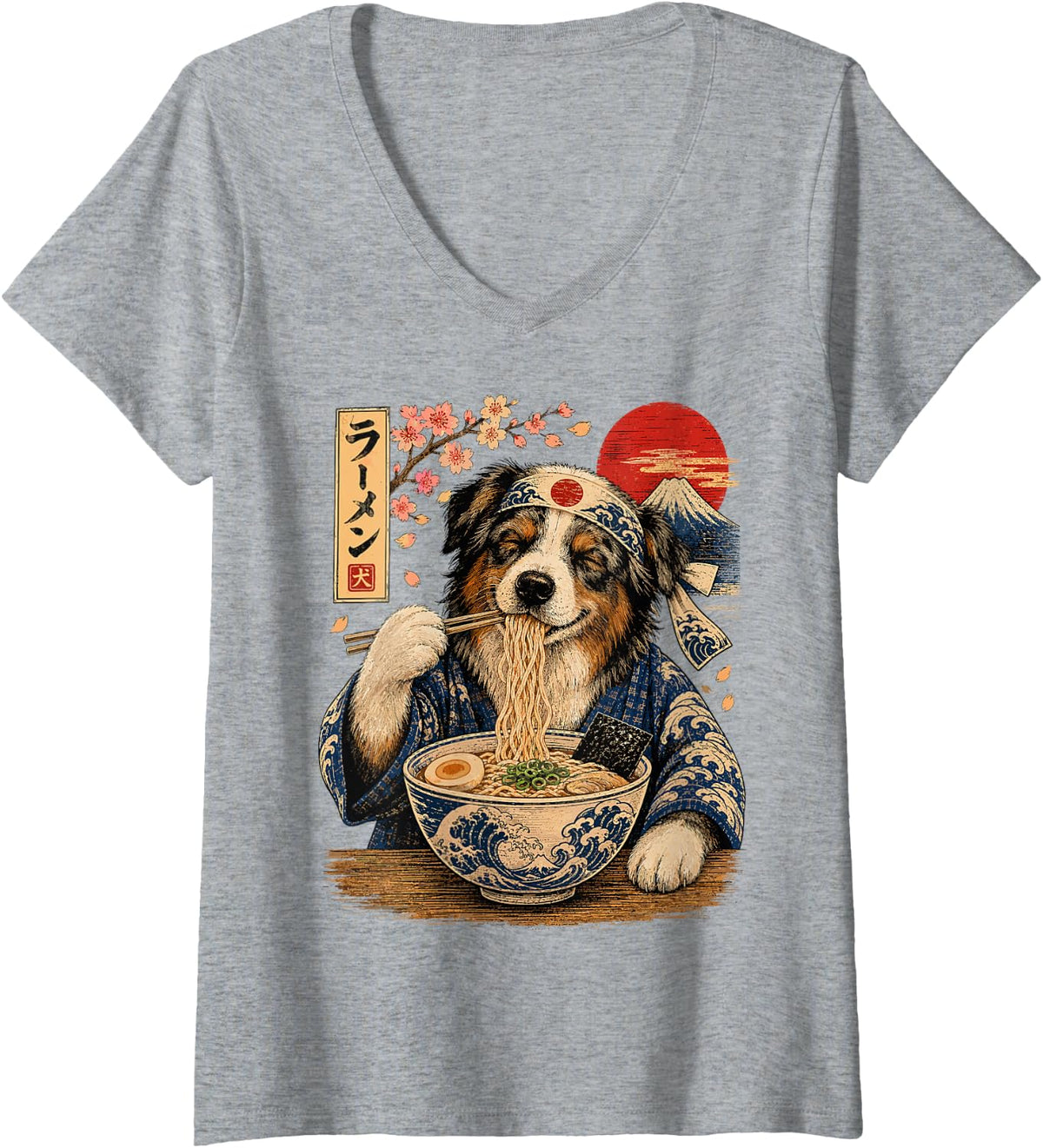 Women's Australien Shepherd Dog Eating Ramen Japanese Aussie V-Neck T-Shirt - Heather Grey