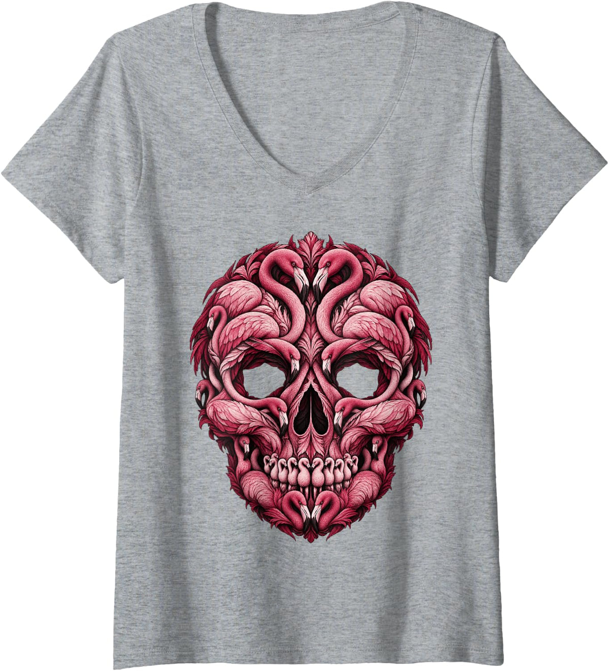 Women's Flamingo Skull Halloween Funny Pink Flamingo Lovers V-Neck T-Shirt - Heather Grey