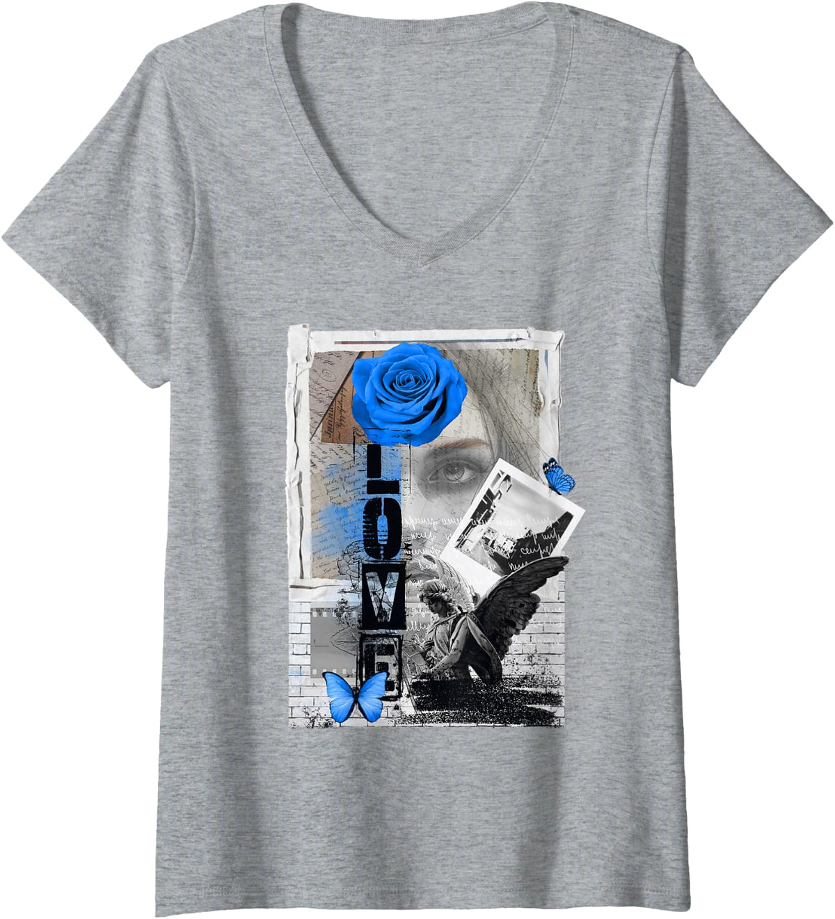 Women's Dark Romance Streetwear Graphic, Gothic Red Rose Lover V-Neck T-Shirt - Heather Grey