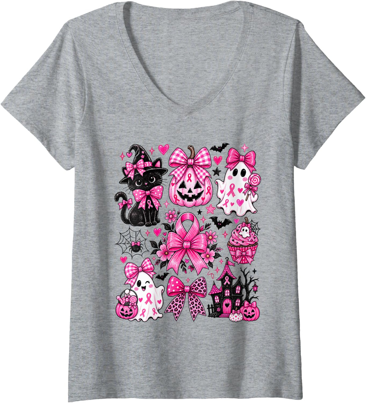 Women's Spooky Season Pink Ribbon Ghost Halloween Breast Cancer V-Neck T-Shirt - Heather Grey