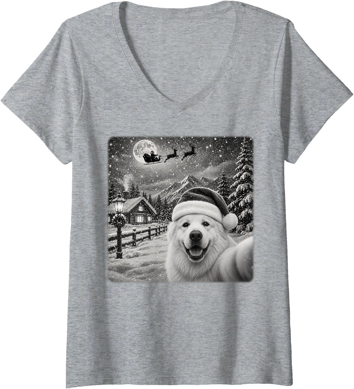 Women's Xmas Moon Night Santa Sleigh Great Pyrenees Dog Christmas V-Neck T-Shirt - Heather Grey