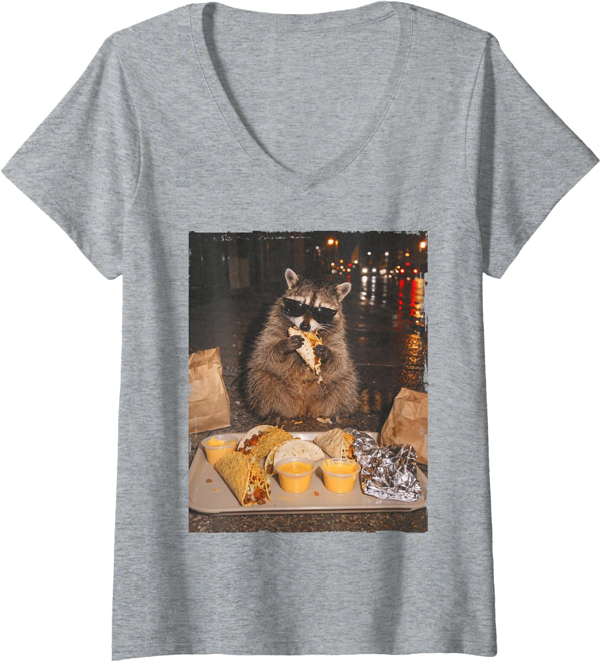 Women's Funny Raccoons Eating Taco Meme Trash Panda Food V-Neck T-Shirt - Heather Grey
