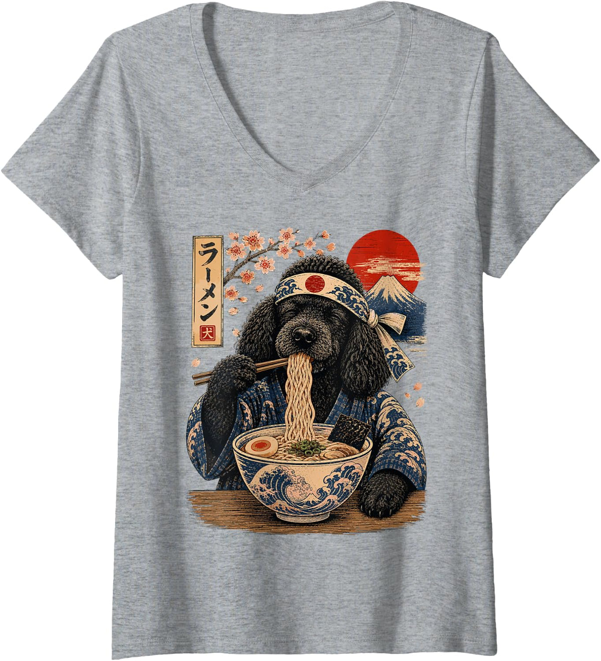 Women's Poodle Dog Eating Ramen Japanese Poodle V-Neck T-Shirt - Heather Grey