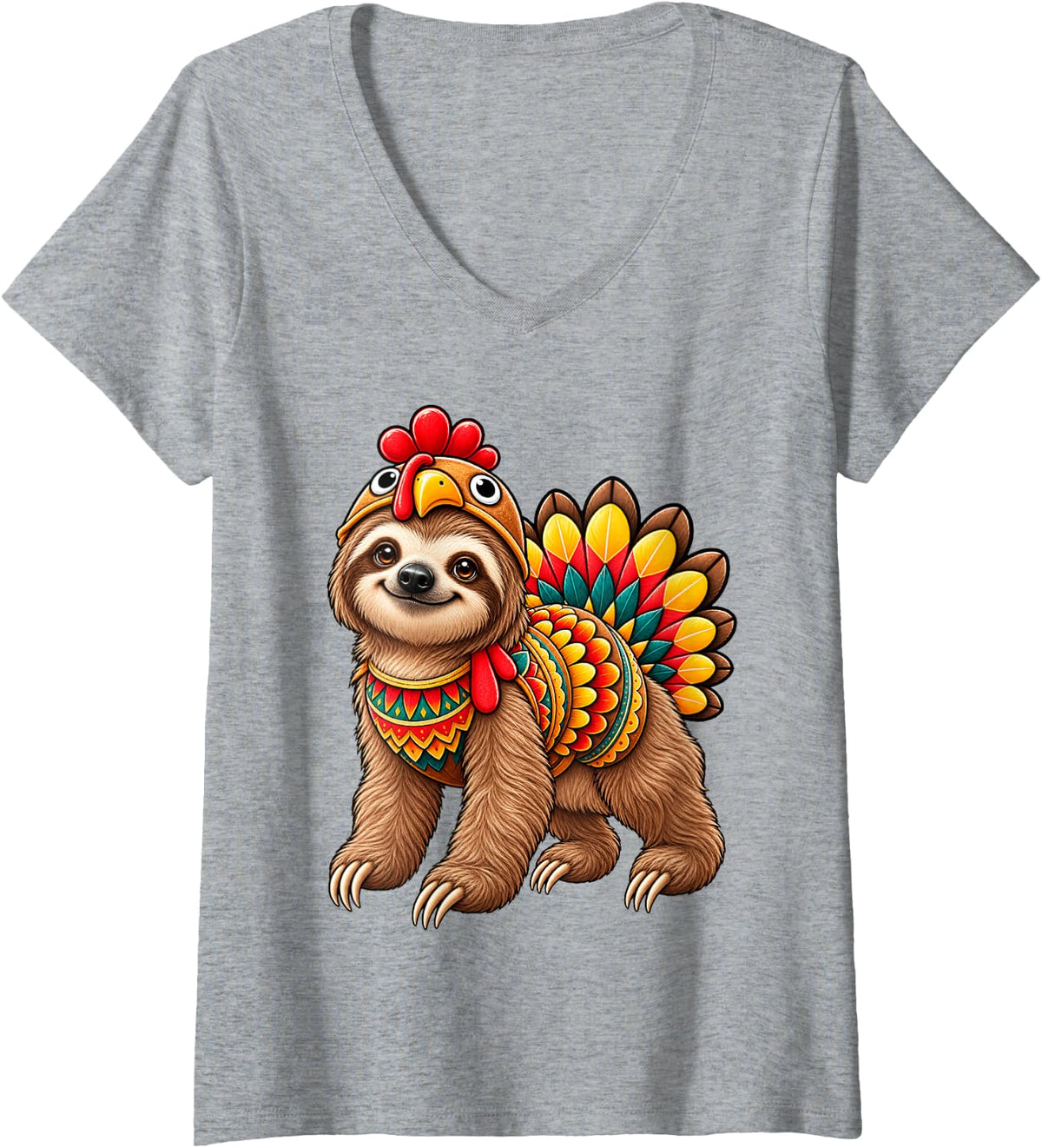 Women's Funny Sloth Turkey Costume Thanksgiving Animal Lover V-Neck T-Shirt - Heather Grey