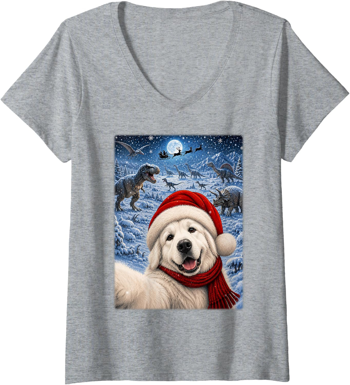 Women's Great Pyrenees Dog Christmas Moon Night Starry Dinosaur Xmas V-Neck T-Shirt - Heather Grey