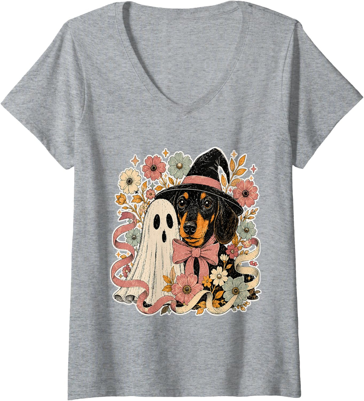 Women's Fall Dogs Ghost Dog Witch Dachshund Halloween V-Neck T-Shirt - Heather Grey