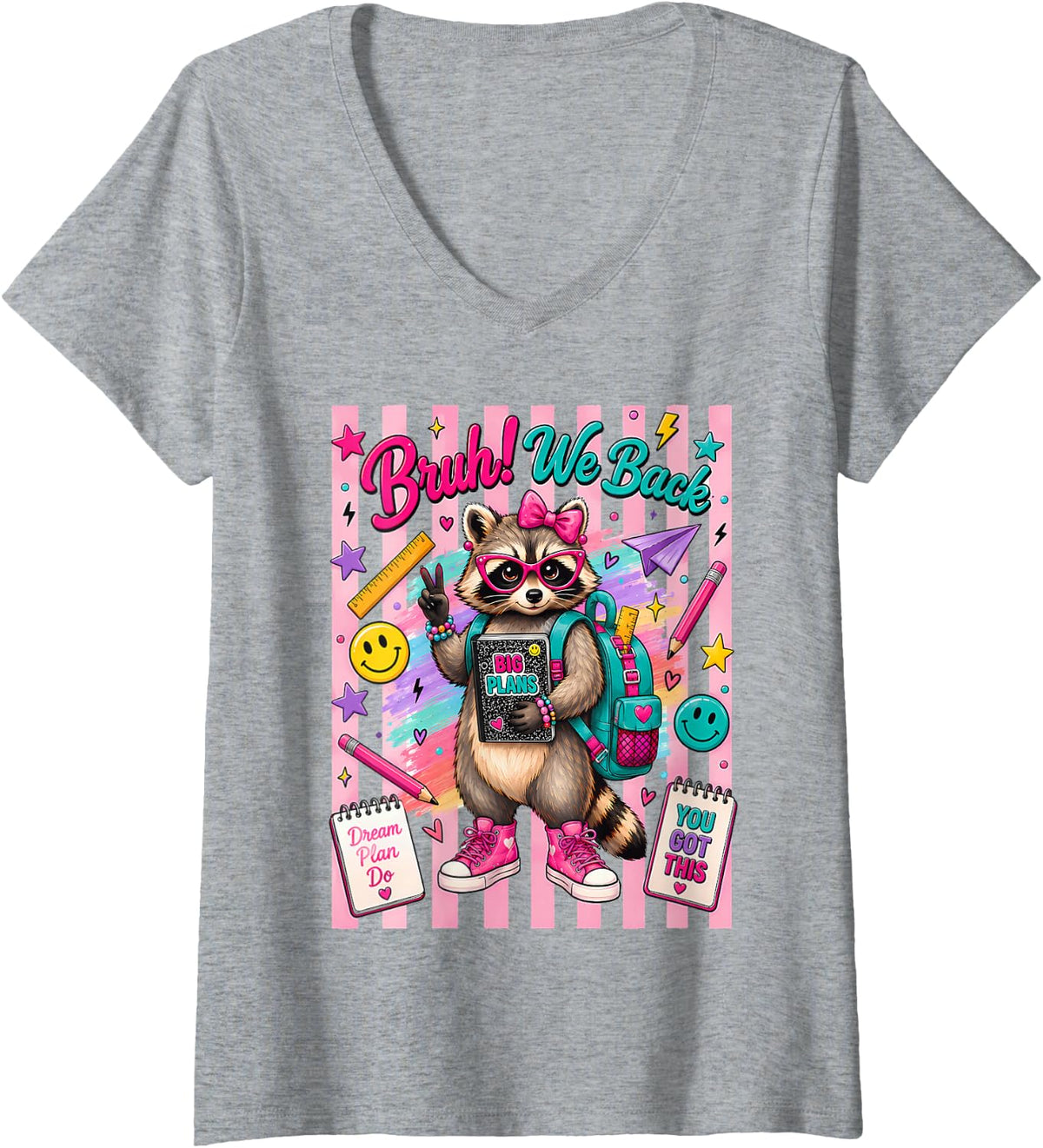 Women's Bruh We Back Raccoon Back to School Teacher Student Kawaii V-Neck T-Shirt - Heather Grey