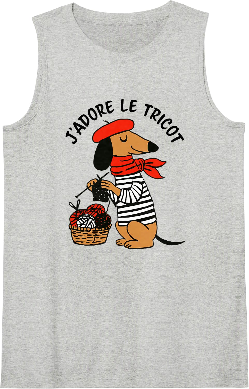 J'Adore Le Tricot I Love Knitting French Language Dachsund Sleeveless Tank Top - Heather Grey