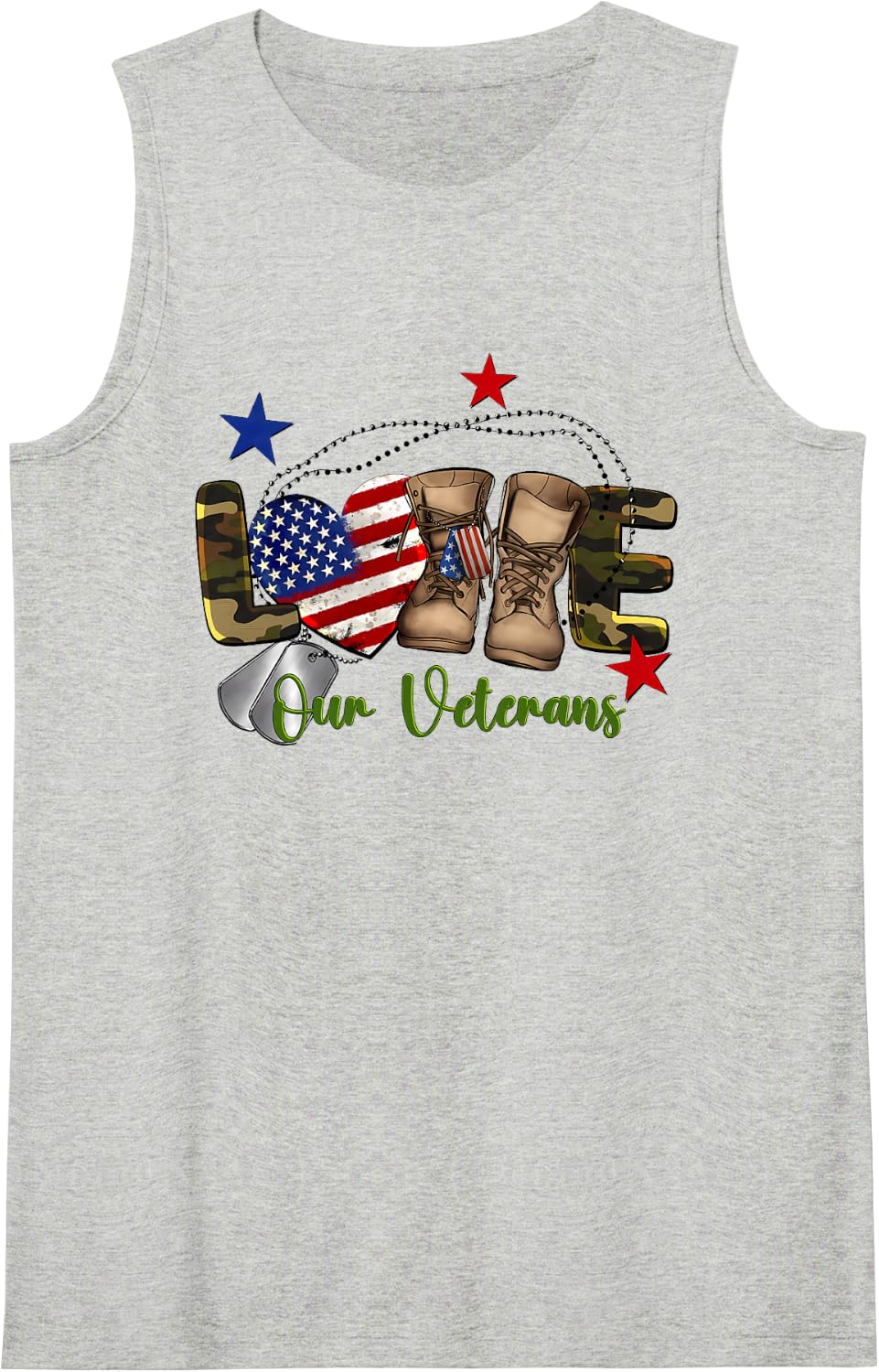 Love Our Veterans Day Proud Military American Flag Sleeveless Tank Top - Heather Grey