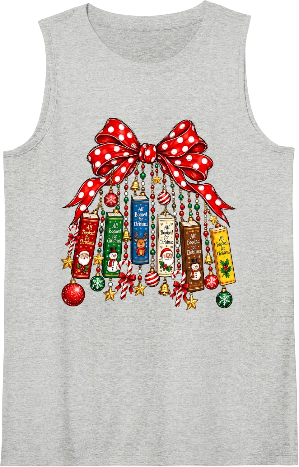 Vintage All Booked for Christmas Coquette Bow Bookish Xmas Sleeveless Tank Top - Heather Grey