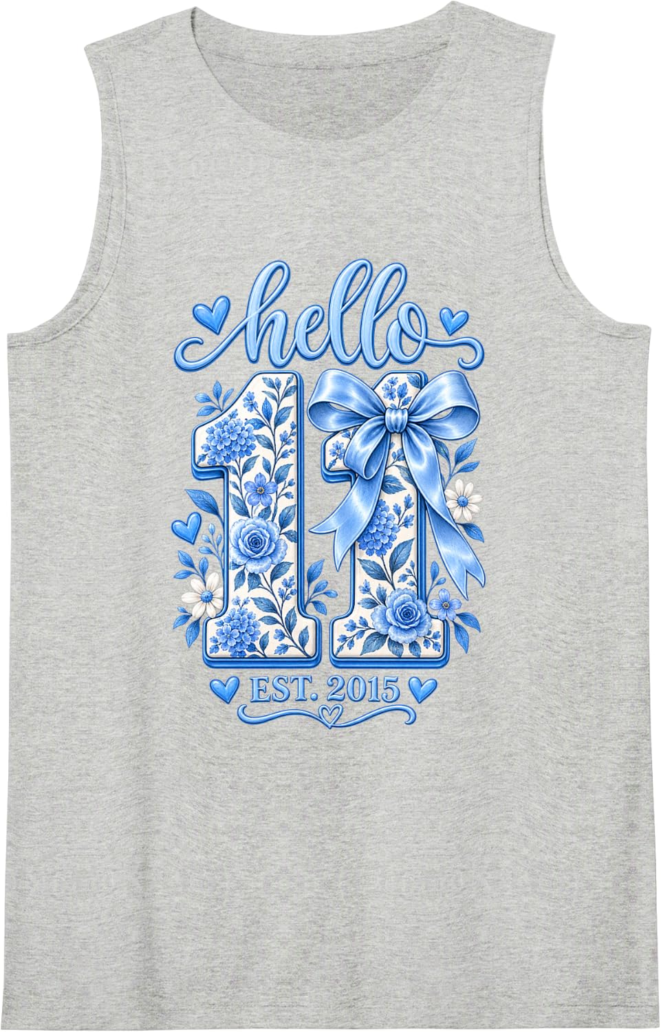 Hello 11 Est 2015 Blue Coquette Bow 11th Birthday Girl Sleeveless Tank Top - Heather Grey
