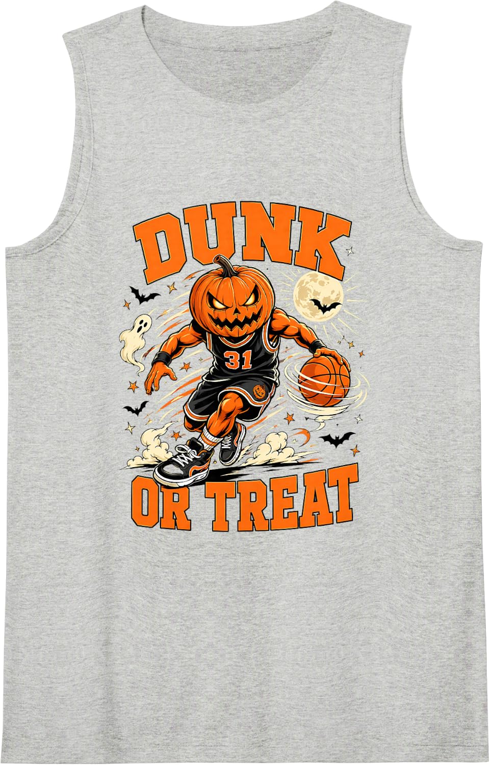 Dunk Or Treat Pumpkin Basketball Halloween Costume Sleeveless Tank Top - Heather Grey