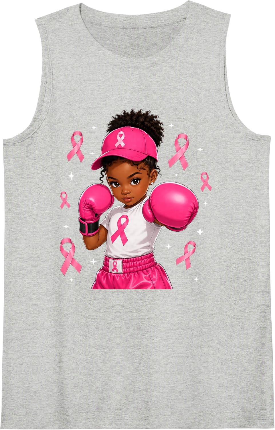 Afro Black Girl African American Breast Cancer Pink Ribbon Sleeveless Tank Top - Heather Grey