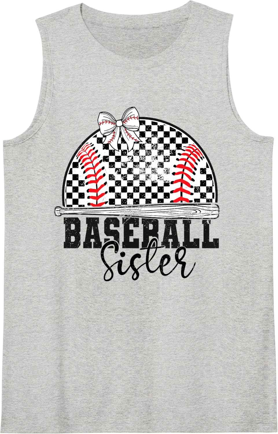 Baseball Sister Bow Checkered Sports Toddler Girl Baseball Sleeveless Tank Top - Heather Grey