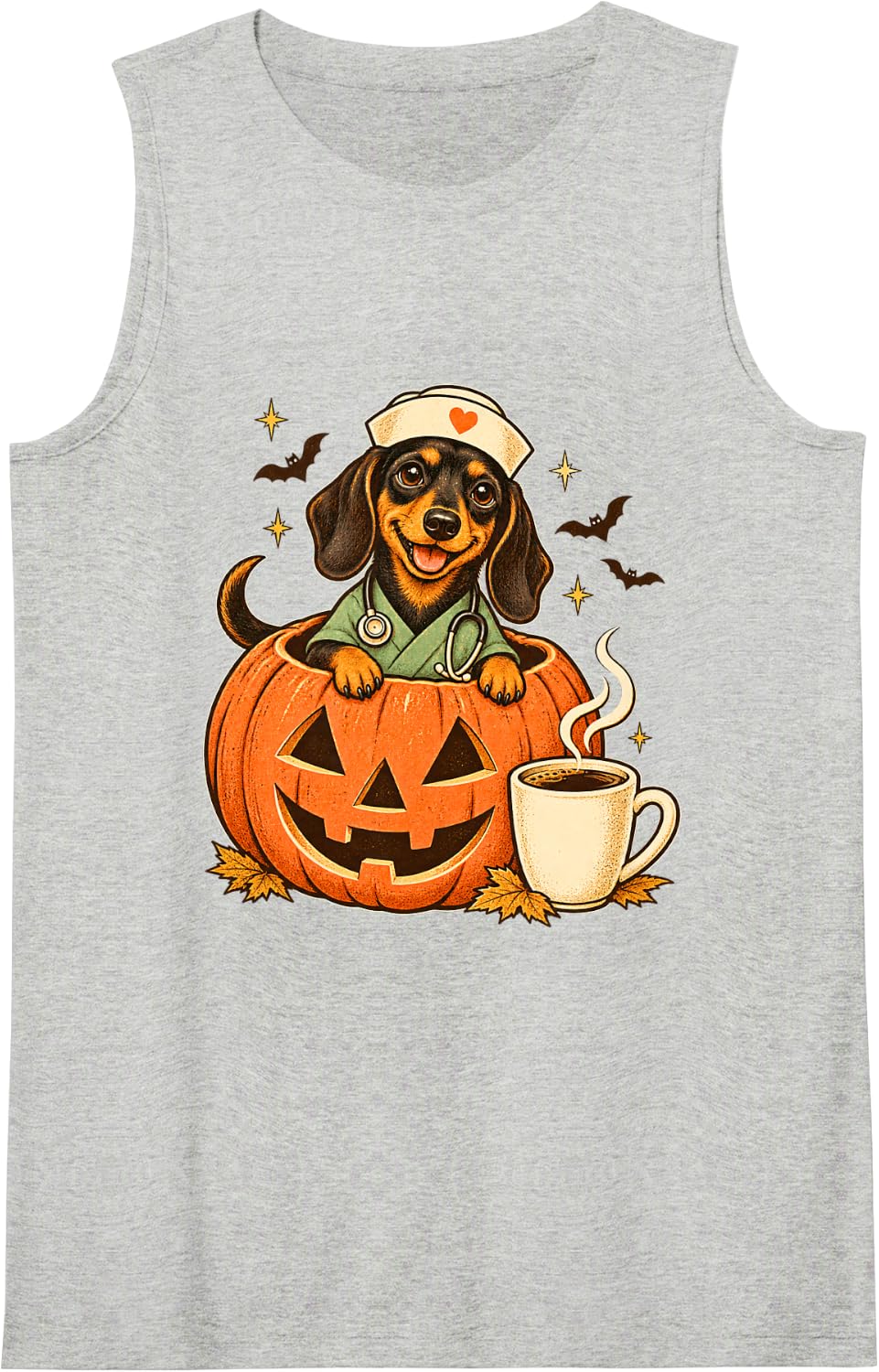 Dachshund Nurse Halloween Pumpkin Coffee Lover Cozy Vibes Sleeveless Tank Top - Heather Grey