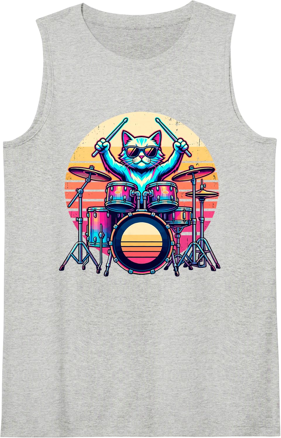 Vintage Cat Play Drums Drummer Musician Rock Music Band Tee Tank Top - Heather Grey