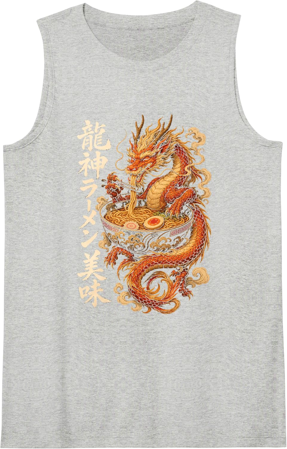 Ramen Dragon Japanese Noodle Bowl Art Chopsticks Foodie Sleeveless Tank Top - Heather Grey