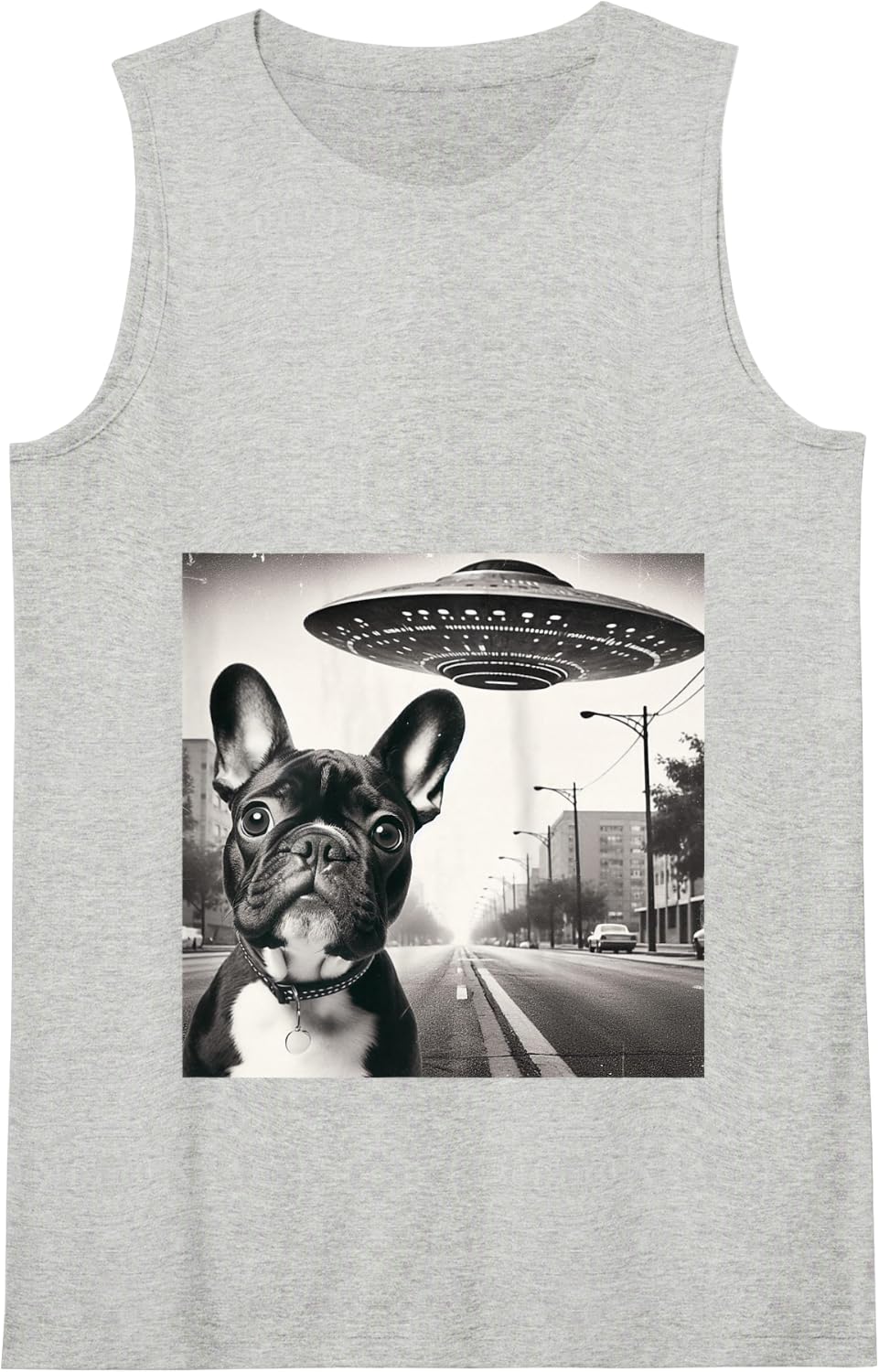 Funny UFO French Bulldog Selfie Alien Frenchie Tank Top - Heather Grey