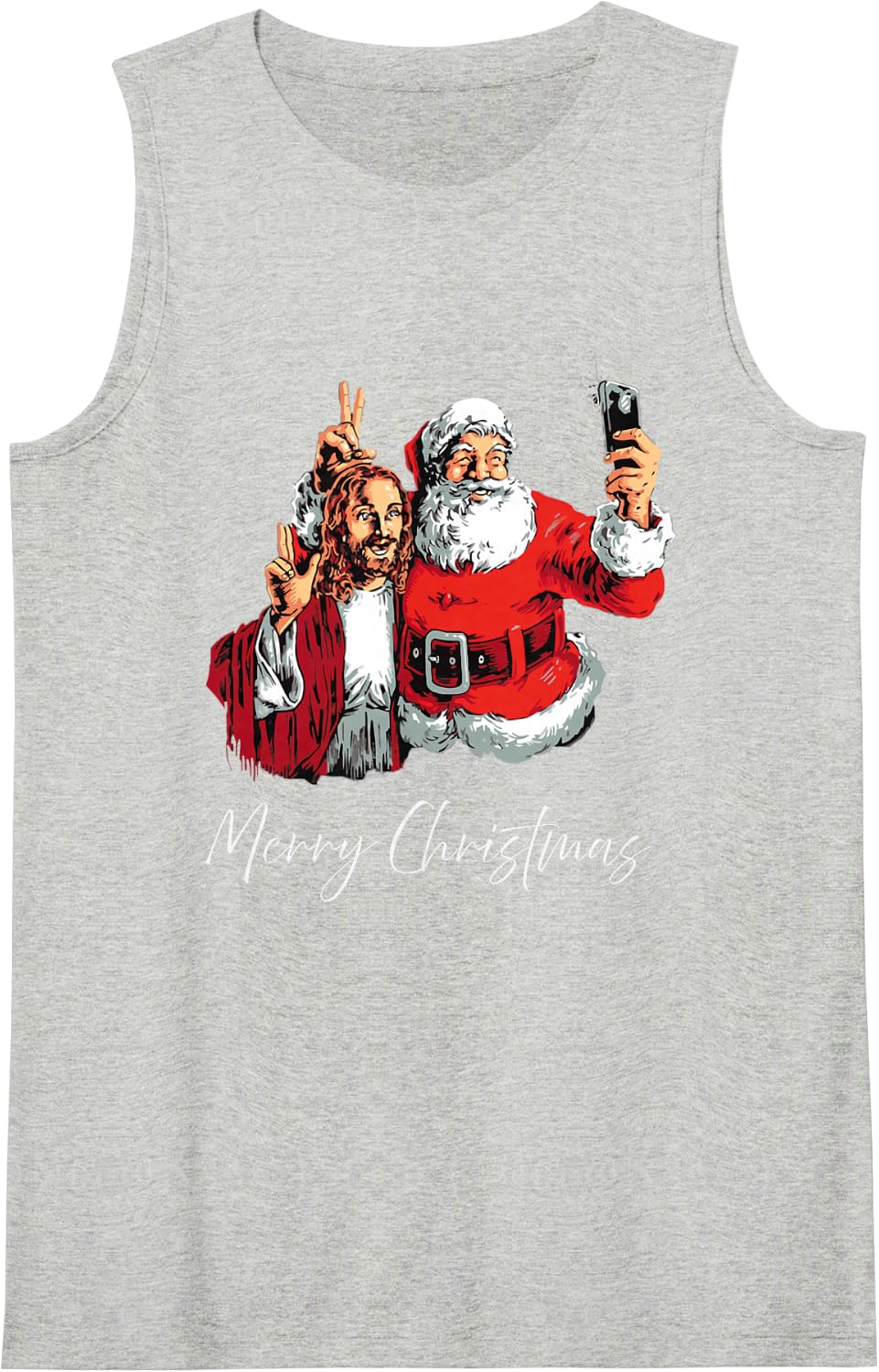 Merry Christmas Santa Jesus Selfie Funny Xmas Pajama Sleeveless Tank Top - Heather Grey