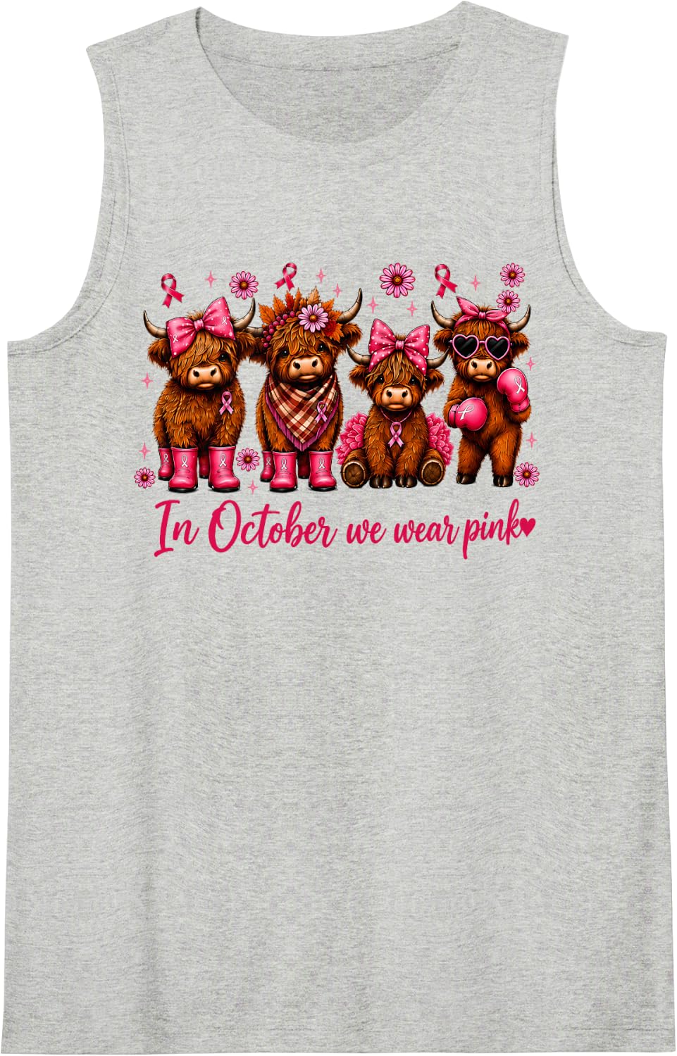 Highland Cow in October We Wear Pink Breast Cancer Awareness Sleeveless Tank Top - Heather Grey