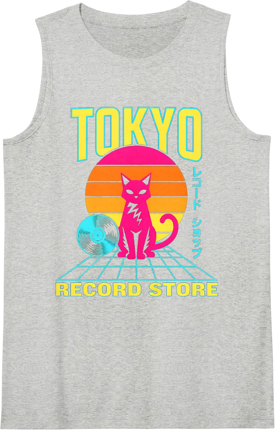 Tokyo Record Store Cat Vinyl Record Player Rock Japanese Art Sleeveless Tank Top - Heather Grey