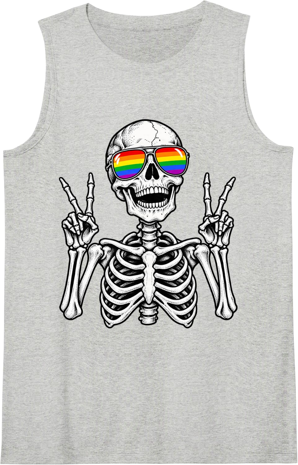 Pride Skeleton Rainbow Sunglasses Peace Sign LGBTQ Sleeveless Tank Top - Heather Grey