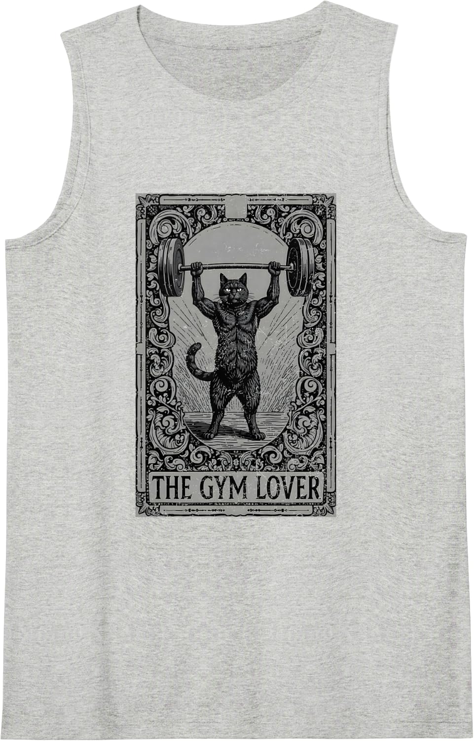 The Gym Lover Tarot Card Cat Lifting Weight Grunge Sleeveless Tank Top - Heather Grey