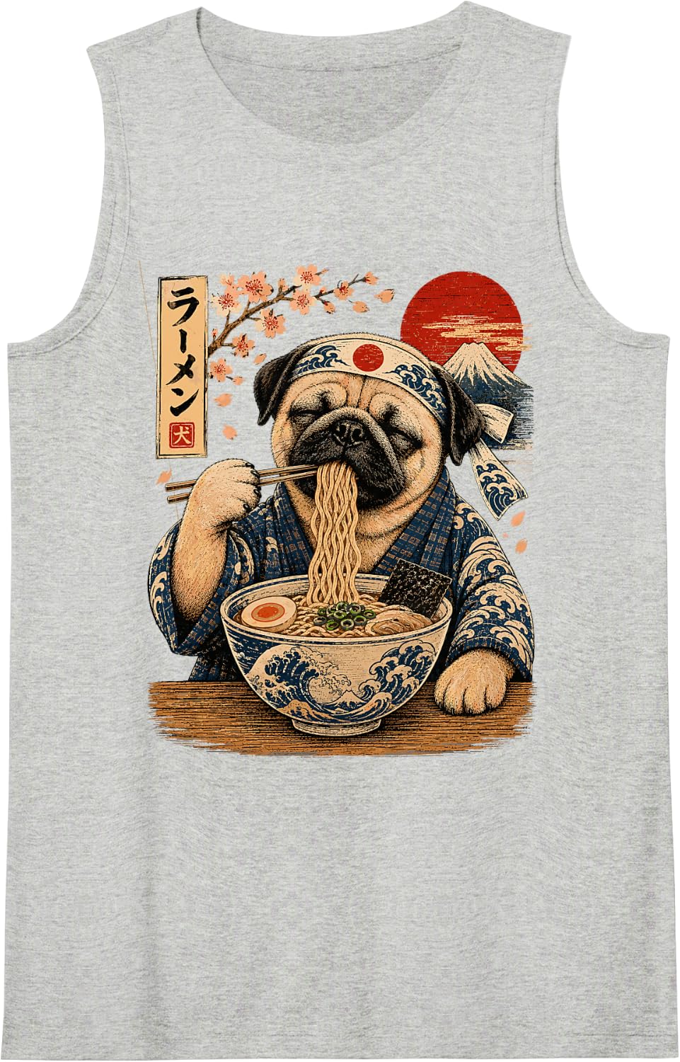 Pug Dog Eating Ramen Japanese Pug Sleeveless Tank Top - Heather Grey