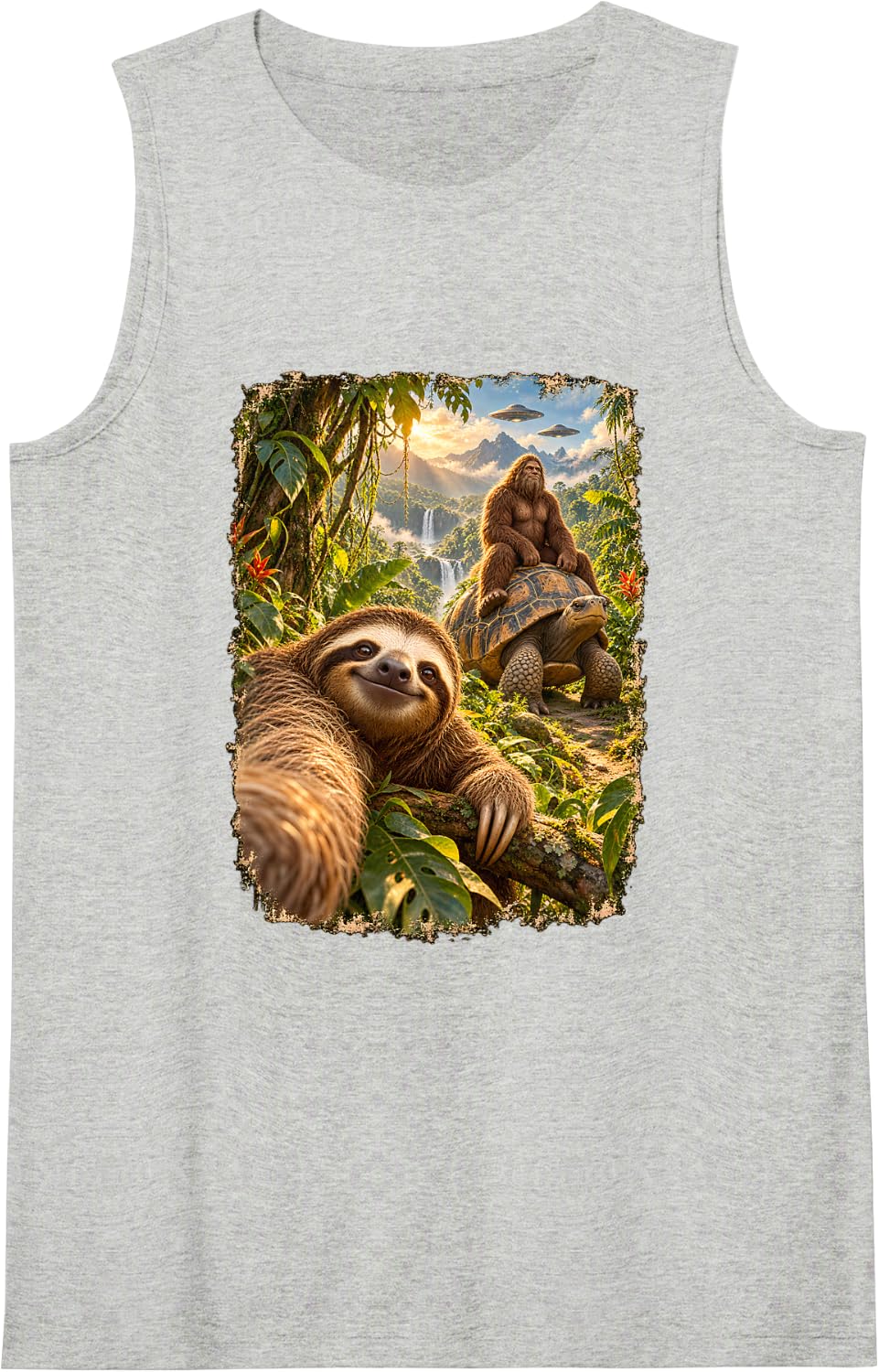 Sloth Selfie Bigfoot Riding Tortoise UFO Jungle Adventure Sleeveless Tank Top - Heather Grey
