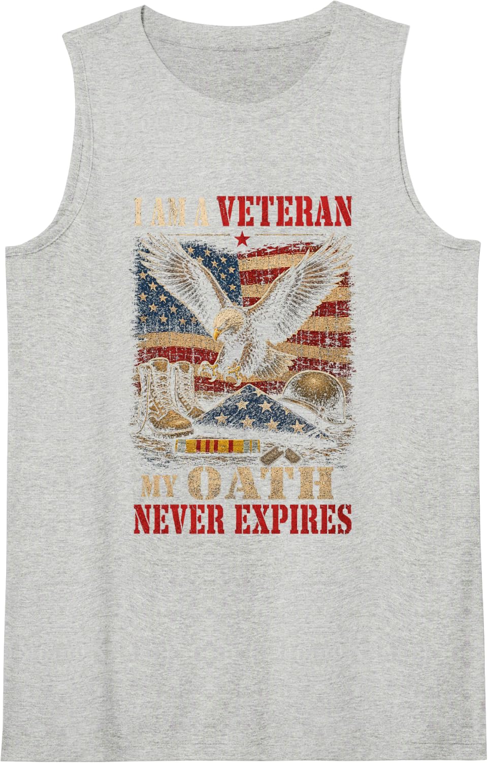Proud Veteran My Oath Never Expires Bald Eagle Flag Sleeveless Tank Top - Heather Grey