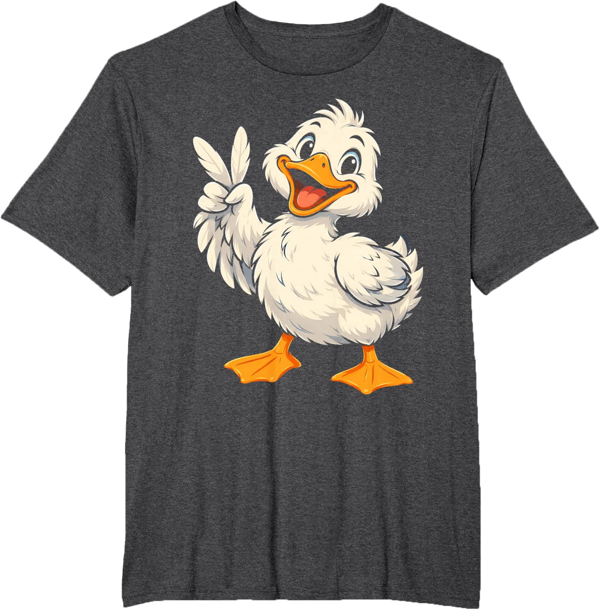 Happy White Duck Making a Peace Sign with a Raised Wing T-Shirt - Dark Heather Grey