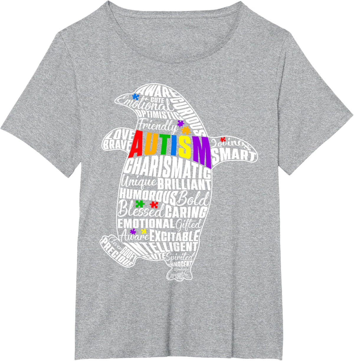 Cute Autism Awareness Word Art Penguin & Puzzle Pieces Kids T-Shirt - Heather Grey
