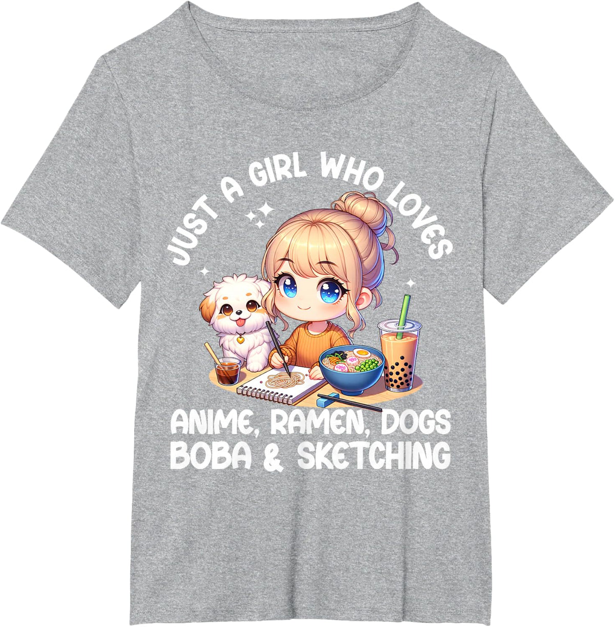 Just A Girl Who Loves Anime Ramen Dogs Boba And Sketching T-Shirt - Heather Grey