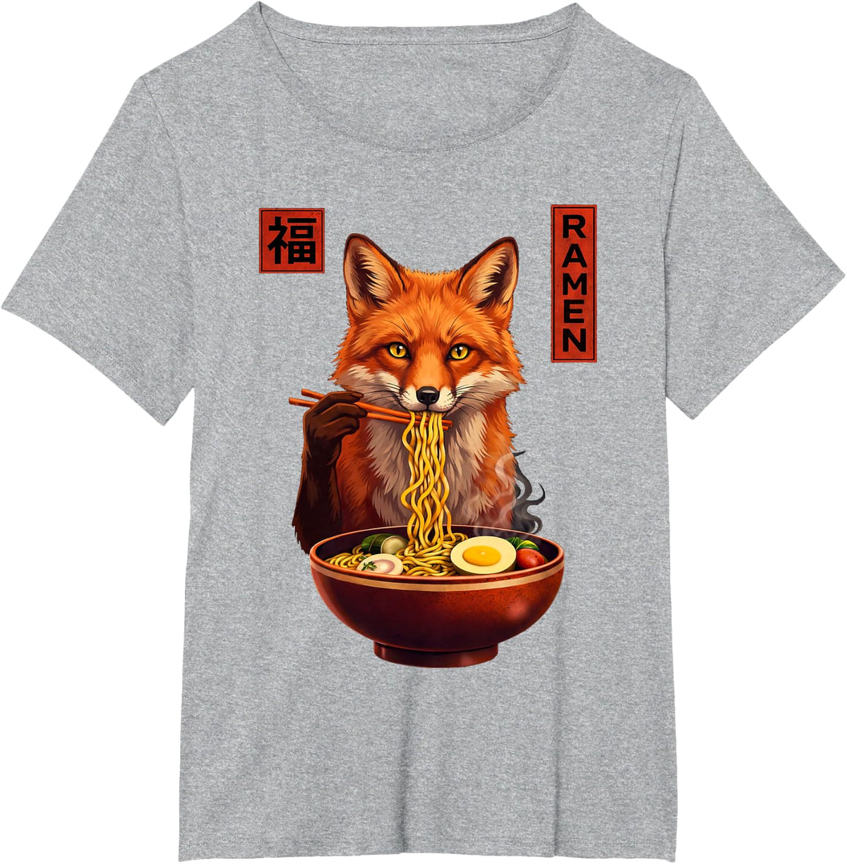 Fox Ramen Japanese Art Funny Anime Graphic Tee Kawaii T-Shirt - Heather Grey