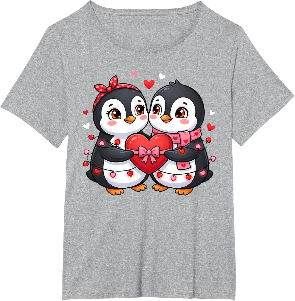 Cute Valentine Penguins Couple Holding Heart Love Graphic T-Shirt - Heather Grey
