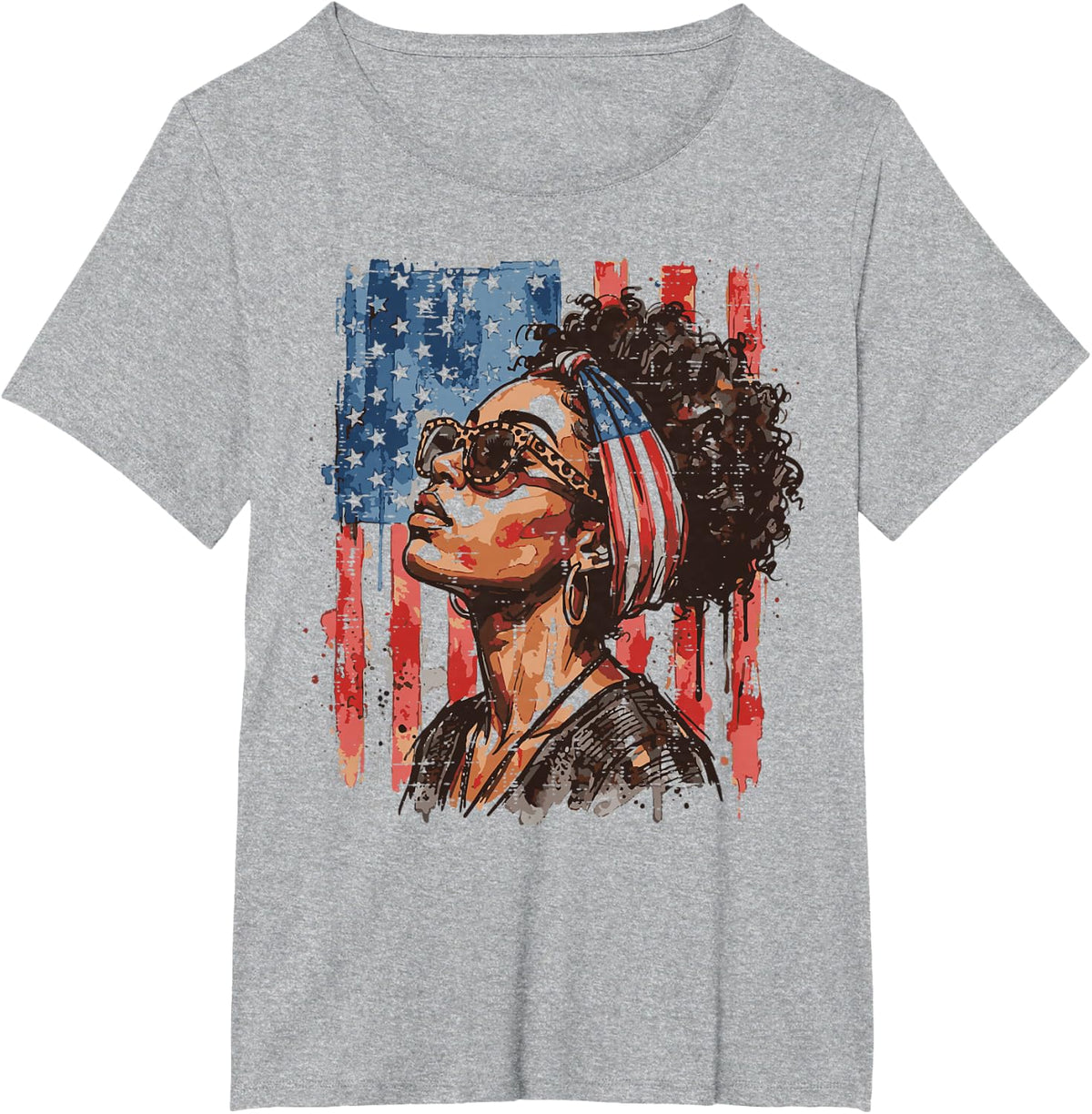 4th of July Afro Woman US Flag Patriotic Women Girls Kids T-Shirt - Heather Grey